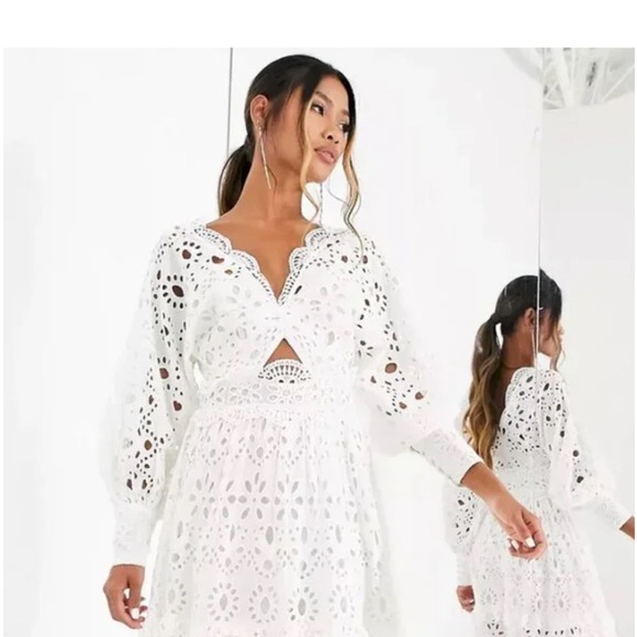 ASOS EDITION V - Neck Eyelet Midi Dress with puff sleeve in White Size 4 NWT - Picture 3 of 15